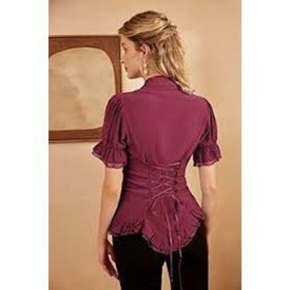 Scarlet Darkness Burgundy Satin Corset Short Sleeve Victorian Blouse Size M - Picture 6 of 16